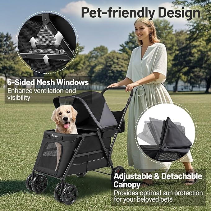 PETSITE 4 Wheels Dog Stroller, Foldable Cat Stroller with Dual Entries, Ramp, Mesh Windows, Adjustable and Detachable Canopy, and All-Terrain Wheels with Brake, Ideal for Small Medium Dogs