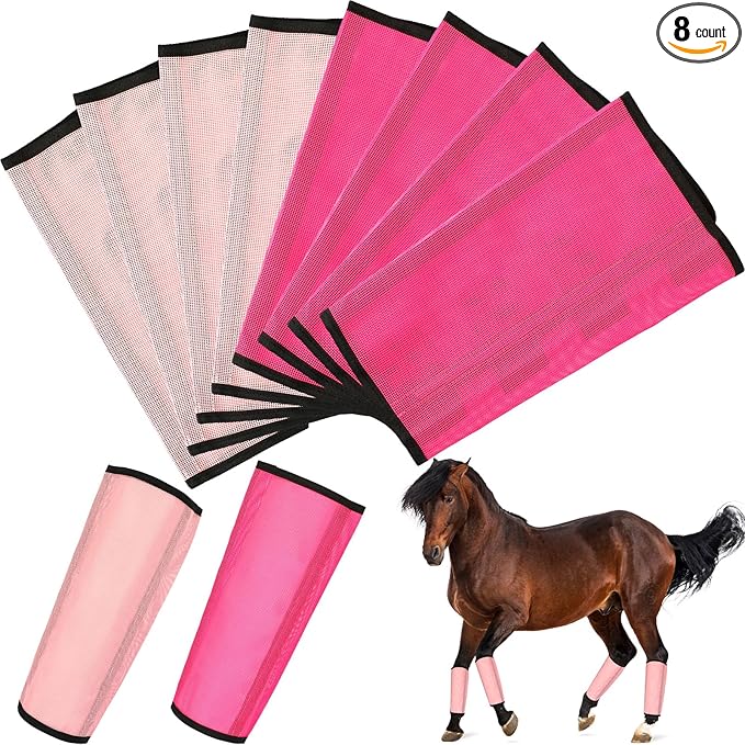 8 Pcs Mesh Fly Boots for Horse Breathable Mesh Horse Boots Protective Horse Leg Wraps Horse Leggings for Preventing Flies and Mosquitoes Bites (Light Pink, Dark Pink)