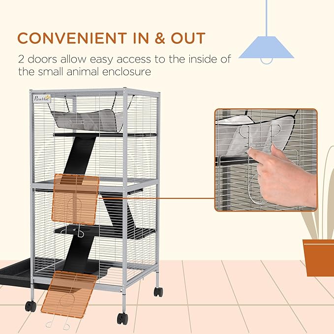 PawHut Metal Small Animal Cage, 4-Tiers Rolling Big Ferret Cage with Hammock, Removable Tray, for Chinchilla, Sugar Glider, White