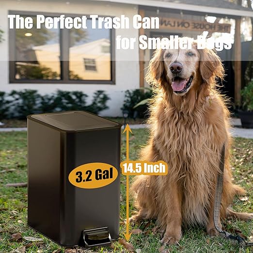 Metal Dog Pooper Scooper for Yard - 3.2Gal Dog Poop Trash Can Outside with Pedal - Pet Waste Container Outdoor - Stainless Steel Garbage Bucket with Lid - Black Trash Bin, Long Handle Tray and Rake