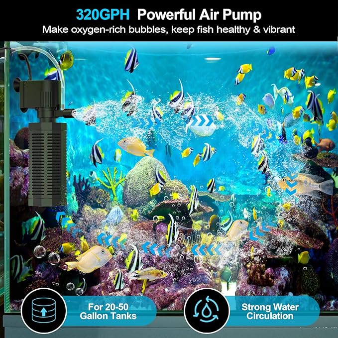 Aquarium Internal Filter for 20-50 Gallons, Ultra-Quiet Fish Tank Filter Biochemical Filtration 320GPH Powerful Pump Submersible Aquarium Filter Tank Clear Air Supply