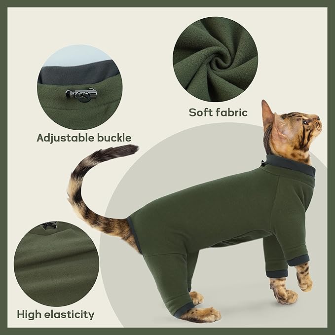 PUMYPOREITY Sticky Cat Clothes - Soft Cat Sweaters & Pajamas for Recovery & Hair Loss Prevention, Green, XS