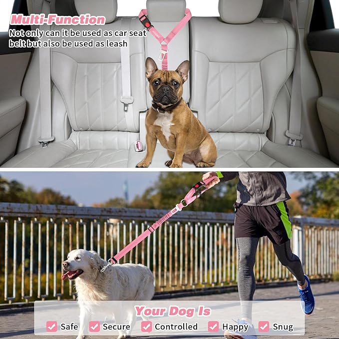 BWOGUE Pet Dog Cat Seat Belt Reflective Car Dog Headrest Restraint Leash Elastic Buffer Bungee Adjustable Tangle-Free Safety Leads Vehicle Seatbelt Harness for Small, Medium and Large Dogs (1 Pack)
