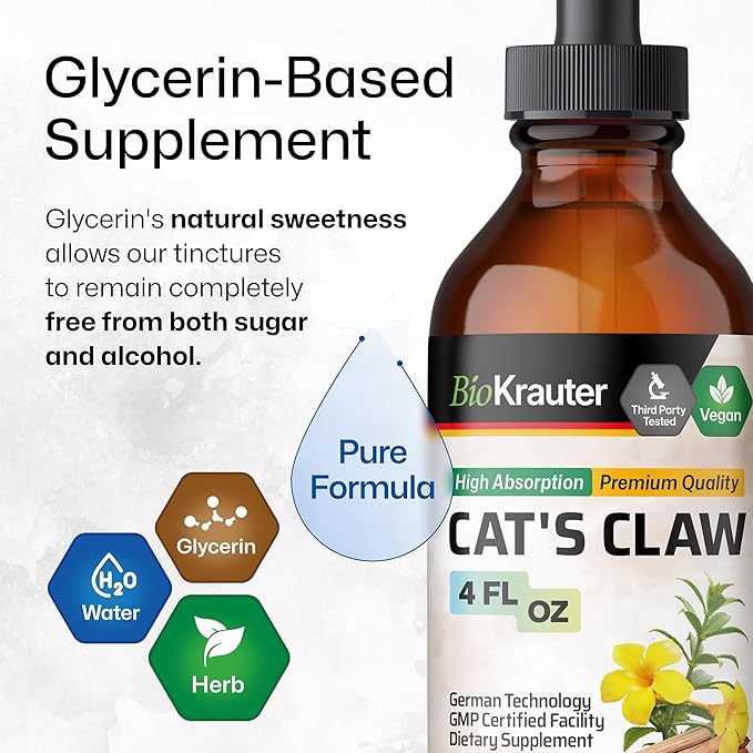 BIO KRAUTER Cats Claw Tincture - Liquid Cats Claw Herb for Immune Support - Alcohol & Sugar Free - Vegan Drops 4 Fl.Oz.