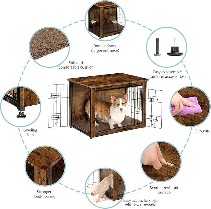 DWANTON Dog Crate Furniture with Cushion, Wooden Kennel Table with Double Doors, Indoor Dog House, Medium Size, 32.5" L, Rustic Brown