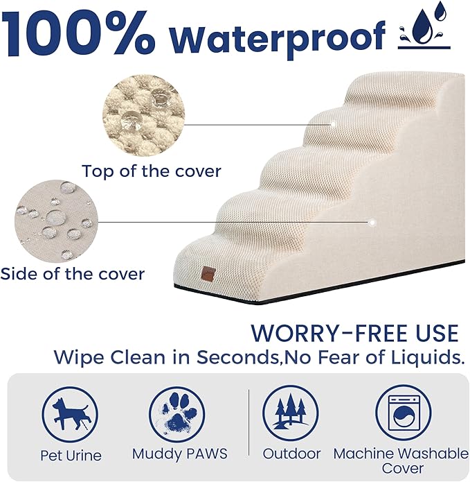 GoGoBunny Ramp Dog Stairs for High Beds 22.6" H, 5-Step Dog Slope Stairs with Durable Waterproof Fabric Cover, Pet Steps for Old Large Dogs Climbing, Non-Slip Sturdy Indoor Step, Beige