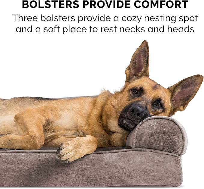 Furhaven Cooling Gel Dog Bed for Large Dogs w/ Removable Bolsters & Washable Cover, For Dogs Up to 125 lbs - Faux Fur & Velvet Sofa - Driftwood Brown, Jumbo Plus/XXL