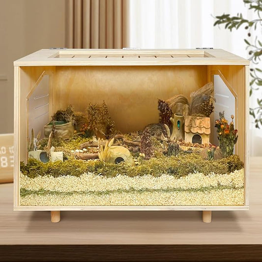 Wooden Hamster Cage - 24 inch Guinea Pig Cage Clear Small Animal cage with Open top Hamster Habitat Wooden Frame with Acrylic Panel