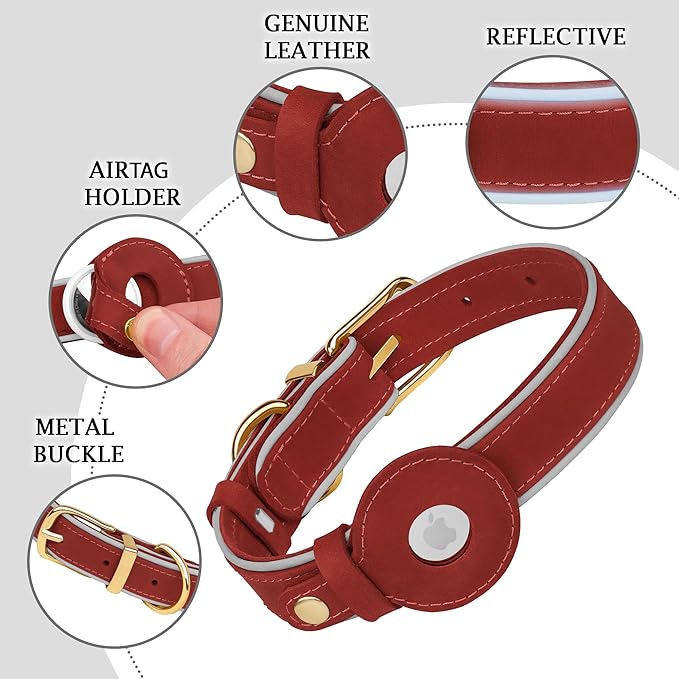 OOPSDOGGY Reflective Geniune Leather Airtag Dog Collar Soft Padded Collars for Small Medium Large Breed Dogs Puppy, 4 Sizes, 7 Colors (Red, Small, 9"-12")
