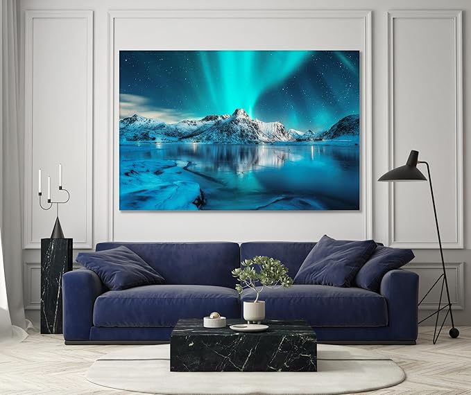 Nature Wall Art Prints - Ocean Forest Mountain Lake Canvas Landscapes - Small to Extra Large Living Room Bedroom Kitchen Bathroom Décor (Northern Lights Over Lake, 16L" x 24W")