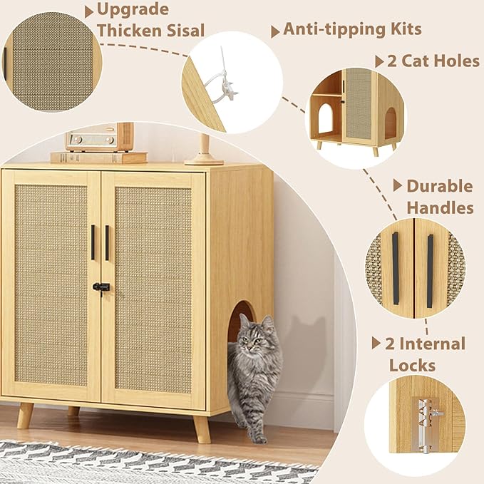 Lovinouse Large Cat Litter Box Enclosure,Hidden Kitty Litter Furniture with Sisal Covered Doors,2-Layer Wooden Cat Washroom Cabinet w/Adjustable Shelf,Side Table for Living Room,Natural