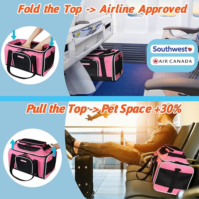 Petskd Top-Expandable Pet Carrier 18x13x9.5 Inches Southwest Airline Approved, Soft-Sided Carrier for Small Cats and Dogs with Locking Safety Zippers and Anti-Scratch Mesh(Pink)