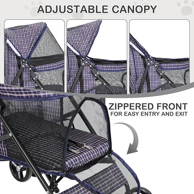 MoNiBloom 4 Wheels Pet Stroller, Easy-Fold Umbrella Shaped Dog Cat Jogger Stroller w/Storage Bag & Visible Mesh for Small/Medium Dogs Cats Plaid