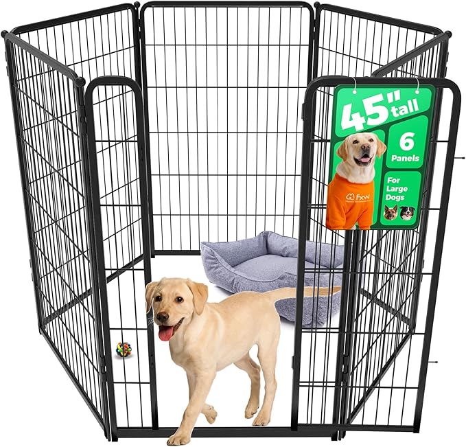 FXW Homeplus Unleashed Indoor Dog Playpen - Stress-Free and Safe Play, Heavy Duty 45 Inch 6 Wire Panels Dog Pen for Large Dogs, Black│Patented