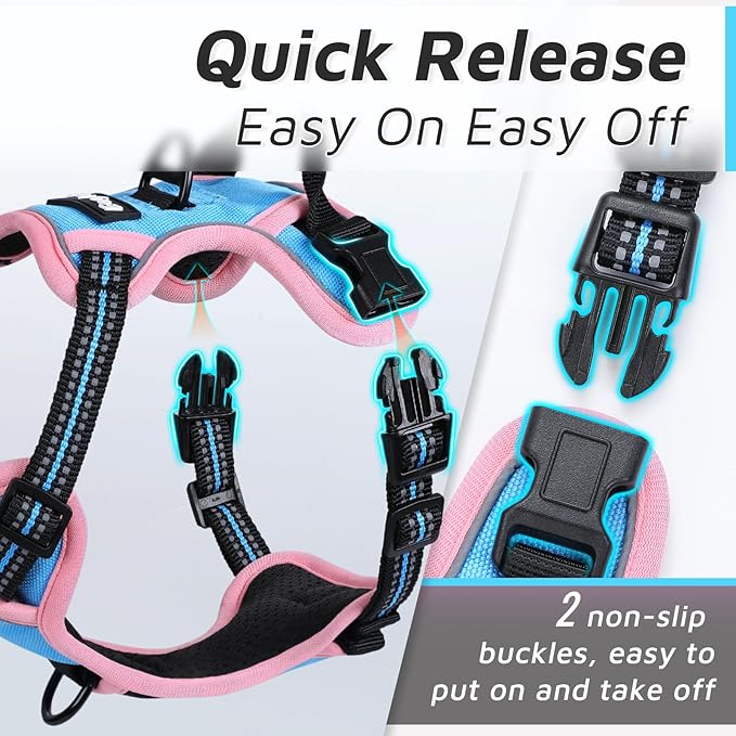 Eagloo Dog Harness for Large Dogs, No Pull Service Vest with Reflective Strips and Control Handle, Adjustable and Comfortable for Walking, No Choke Pet Harness with 2 Metal Rings, Pink & Blue, XL