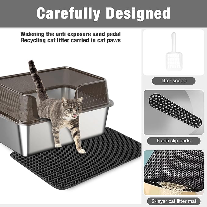 Suhaco Stainless Steel Litter Box Side Entry, Kitty Litter Mat and White Scoop Included Covered Metal High Sided Extra Large Cat Litter Box with Lid Removable Enclosure for Medium Cats (Tall Black)