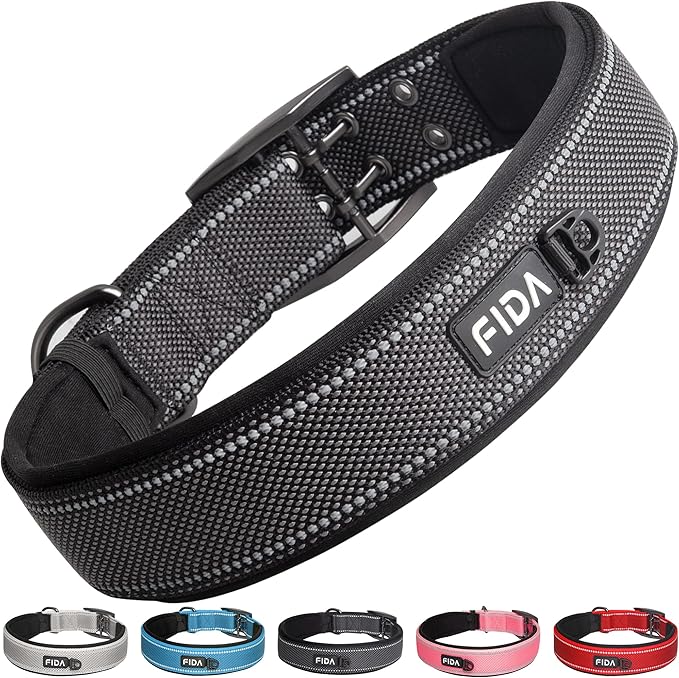 Fida Heavy Duty Dog Collar 1.5” Width, Ultra Soft Neoprene Padded, Adjustable Reflective Nylon Pet Collar with Two Metal Pin Belt Buckle for Large/X-Large Breeds (XL, Black)