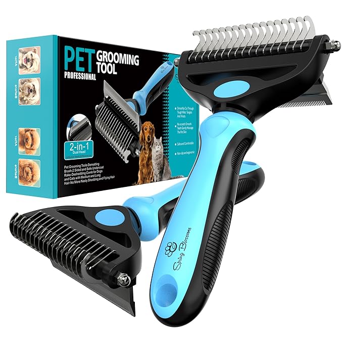 Spring Blossoms-2 in 1 Professional Grooming Rake for Cats & Dogs-Dematting Comb for Easy Mats & Tangles Removing,Pet Brush Safe No More Nasty Shedding and Flying Hair (Blue)
