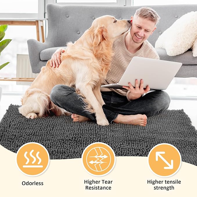 Absorbent Dog Door Mat for Muddy Paws, 60" x 36" Chenille Indoor Mats for Entryway, Trap Dirt Front Door Mat Indoor Entrance Washable Non Slip Soft