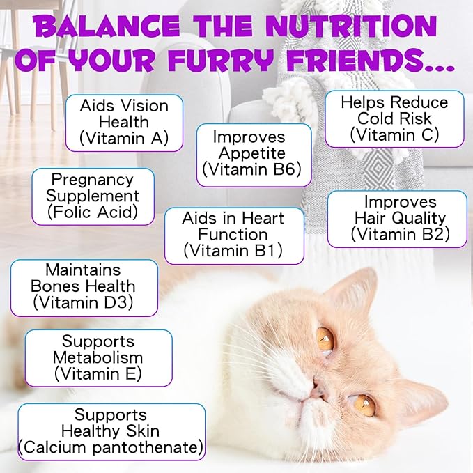 Cat Vitamins, 15 in 1 Cat Multivitamin Liquid Drops, Cats Vitamins and Supplements with Glucosamine and Probiotics, Vitamin for Cats Skin Coat, Immunity, Gut Digestion, Joint, Heart, 60ML