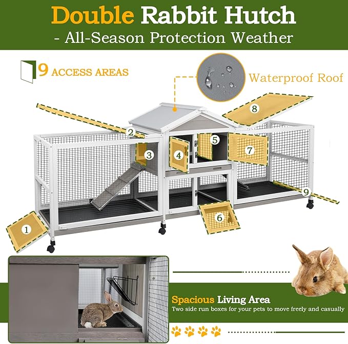 Double Rabbit Hutch Outdoor Indoor Large Bunny Cage with Dual Side Runs, 2-Story Wooden Hutch with 4 Leak Proof Trays, 8 Wheels, Waterproof Roof, Ramp, for Small to Medium Animals