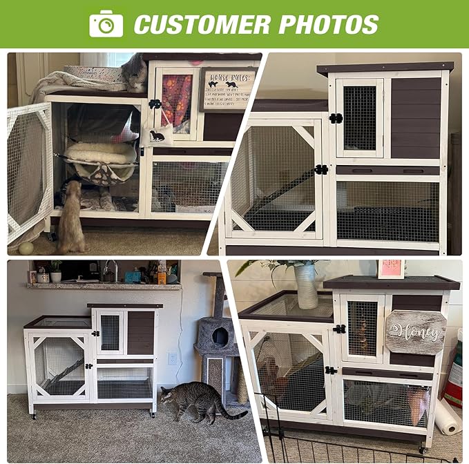 GUTINNEEN Rabbit Hutch Indoor Mobile Bunny Cage with Run Wooden 2 Story Guinea Pig Cage Outdoor for Small Animals with Wheels,Two Deeper No Leak Trays(Brown)