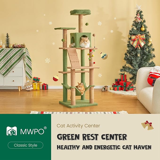 MWPO 63.8 Inches Green Cat Tree for Indoor Cats, Multi-Level Cat Tower with Sisal-Covered Scratching Posts, Padded Platform, Hammock, Dangling Toys, Stable Cat Condo Pet Play House