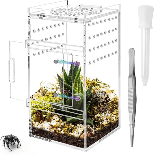 Jumping Spider Enclosure, 3x3x6 Inch Jumping Spider Habitat with Magnet Opening Door Jumping Spider Accessories Small Acrylic Terrarium for Tarantula and Praying Mantis