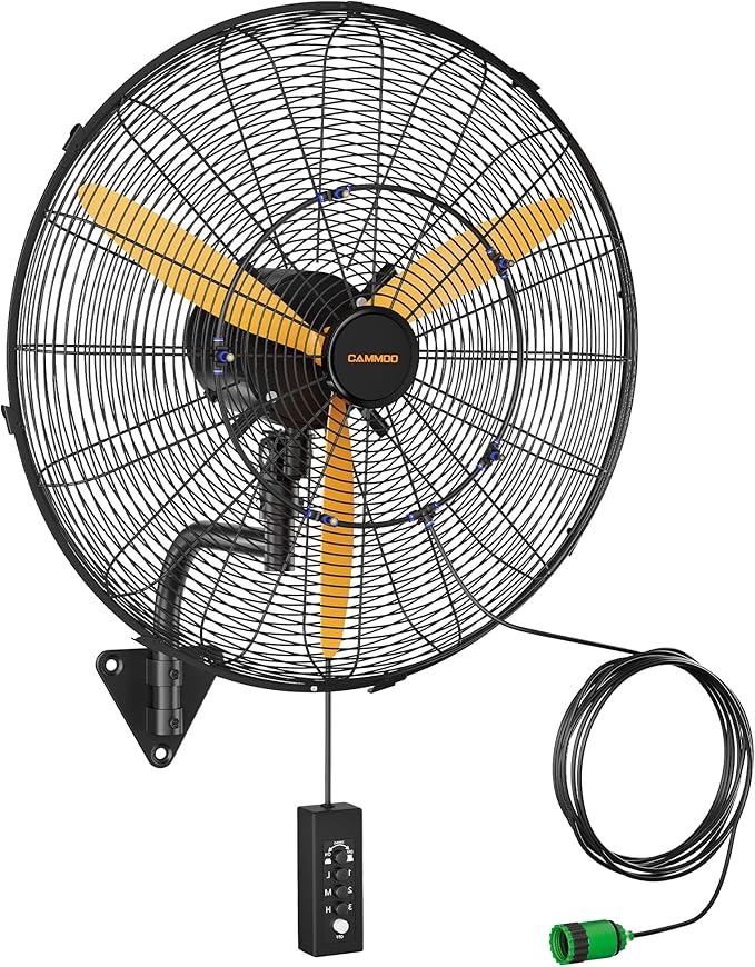 24 Inch Oscillating Misting Wall Mount Fan, Extra Long 3.9ft Wired Remote and 9.8ft Power Cord, IP44 Industrial Commercial Wall Mounted Fan for Greenhouse, Garage, Workshop, Covered Patio