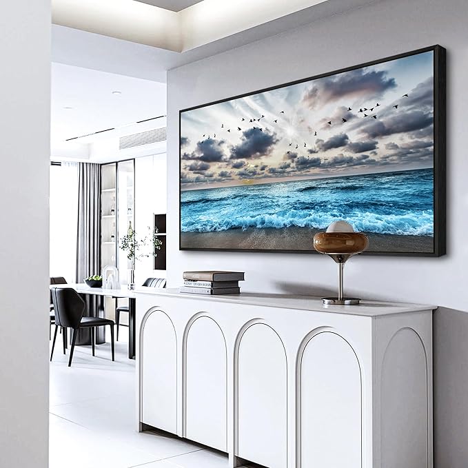 Wapluam Black Framed Canvas Wall Art For Living Room Large Wall Decoration For Bedroom Office Wall Decor Black And White Wall Painting Blue Sea Wave Pictures Artwork Modern Hotel Room Home Wall Art