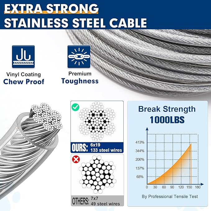Snagle Paw Dog Leads for Yard 50FT-1000LBS Break Strength,Heavy Duty Tie Out Cable for Dogs with Swivel Lockable Hook & Spring,Chew Proof Dog Chain for Outside,Dog Run Cable for Medium Large Dogs
