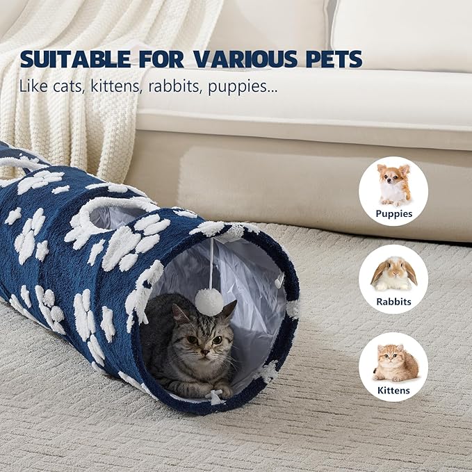 Straight Cat Tunnel for Indoor Cats 47"x12", Cute Cat Toys Collapsible Tunnel Tube with Balls for Puppy Kitten Rabbit, Blue Paw
