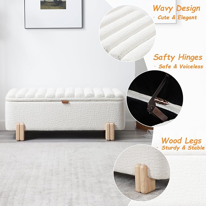 Kmax 45" Storage Bench Faux Fur Entryway Bench Upholstered Ottoman Bench with Wavy Top & Safty Hinge for Bedroom Living Room Hallway, White