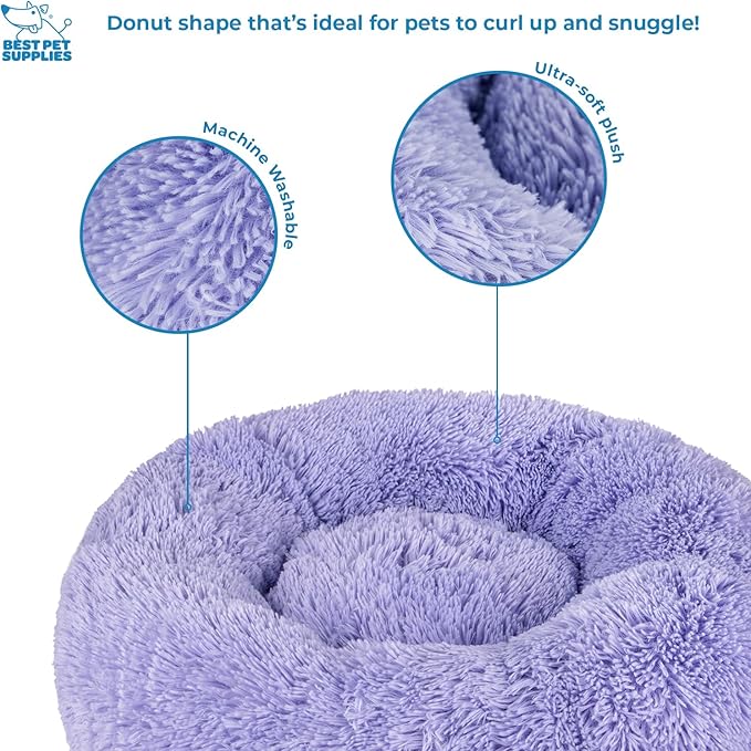 Best Pet Supplies Round Donut Dog Bed with Plush Faux Fur Fabric, Calming, Anti-Anxiety Cushion for Indoor Pets, Slip-Resistant Base, Soft Ergonomic Support - Lavender, 30x30x8''