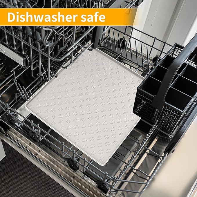 Ptlom Dog Food Mat Anti-Slip Bowl Mats for Food and Water, Waterproof Silicone Pet Placemat with High Raised Edges, Non-Slip Puppy Feeding Tray for Small, Medium Large Cats Dogs, Cream, 11.8"x11.8"