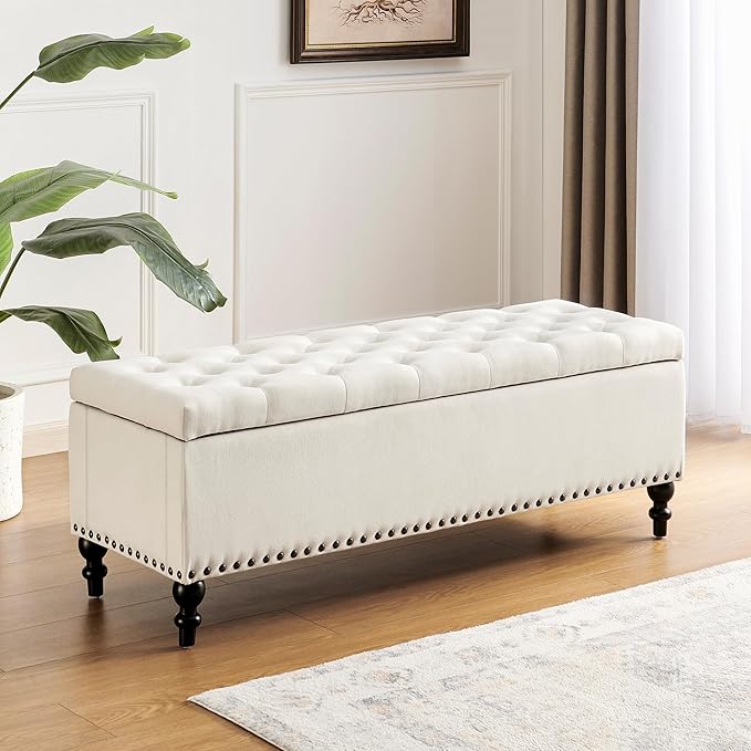 Ottoman with Storage,50.2-inch Upholstered End of Bed Storage Bench for Bedroom,for The Living Room,for Entryway, with Rivets & Button and Safety Hinges,Detachable (White)