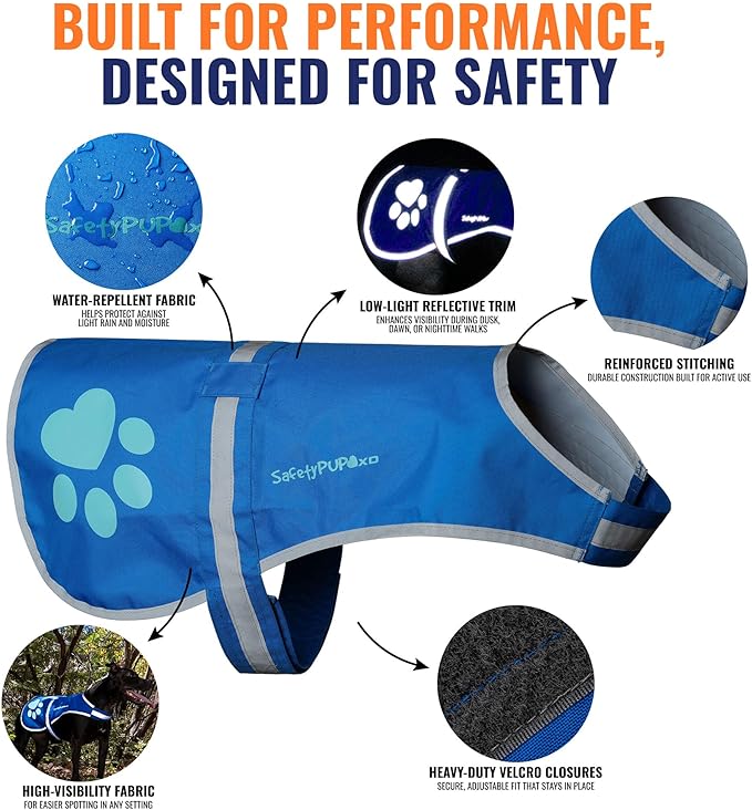 Dog Reflective Vest – Hi-Vis Fluorescent Visibility That Helps to Safeguard Your Pet On/Off Leash in Urban & Rural Areas (Blue, Small)