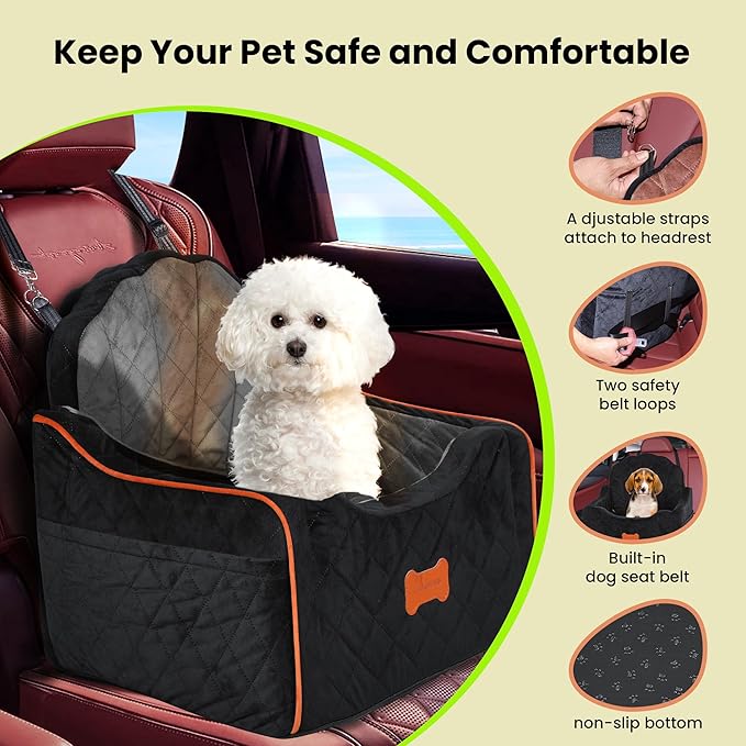 Dog Car Seat for Small Dogs Under 30lbs, Detachable Washable Pet Booster Seat with Safety Belt & Storage Pockets, Travel Car Bed, Black/Grey