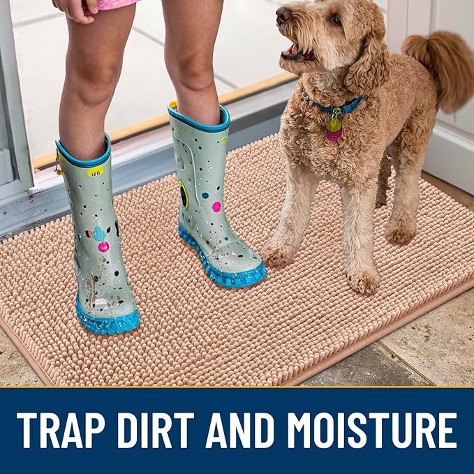 Smiry Dog Door Mat for Muddy Paws 24x16, Absorbs Moisture and Dirt Doormat, Non-Slip Washable Quick Dry Chenille Front Door Mat Indoor Entrance, Entryway Carpet for Inside Floor, Peach