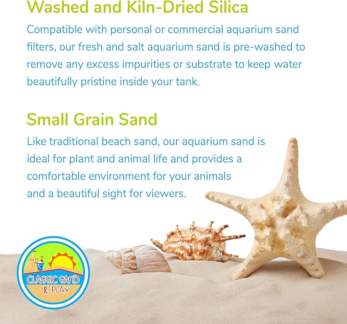 CLASSIC SAND & PLAY Natural Aquarium Sand for Freshwater and Saltwater Tanks, 40 lb. Bag, Improves Filter Life and Filtration Process, Pre-Washed Fine Sand, Blue