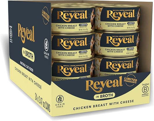 Reveal Natural Wet Cat Food, 24 Count, Grain Free, Limited Ingredient Canned Food for Cats, Chicken Breast with Cheese in Broth, 2.47 oz Cans