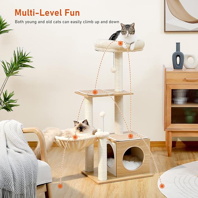 PEQULTI Cat Tree Modern Cat Tower for Indoor Cats,Multilevel Cat Play House with Large Condo, Spacious Hammock, Cozy Top Perch,Scratching Post and Dangling Balls