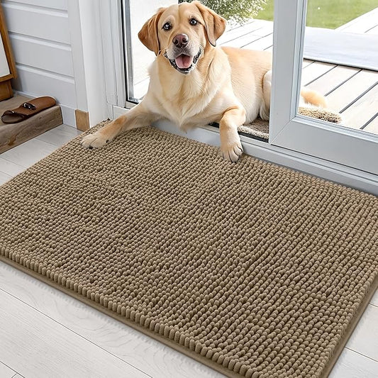 OLANLY Dog Door Mat for Muddy Paws 36x24, Absorbs Moisture and Dirt, Absorbent Non-Slip Washable Doormat, Quick Dry Chenille Mud Mat for Dogs, Entry Indoor Entryway Carpet for Inside Floor, Tan
