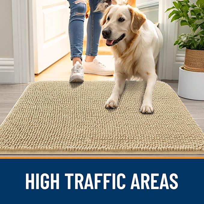 OLANLY Dog Door Mat Set 4-Piece 24x16, Absorbs Moisture and Dirt, Absorbent Non-Slip Washable Doormat, Quick Dry Chenille Mud Mat for Dogs, Entry Indoor Entryway Carpet for Inside Floor, Beige