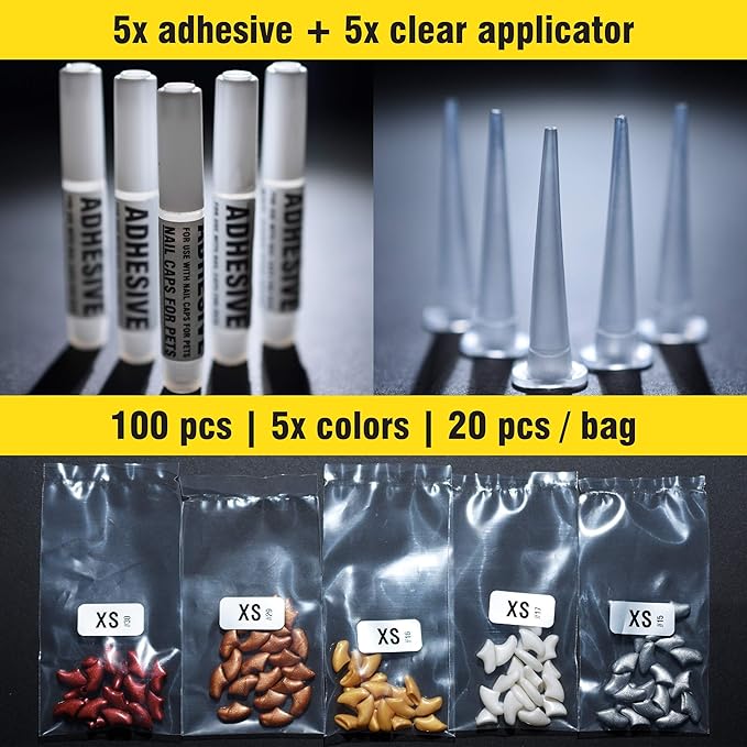 zetpo 100 pcs Cat Nail Caps | Cat Claw Covers | with Adhesives and Applicators (XS, Metal Red, Bronze, Gold, Silver, Pearl White)