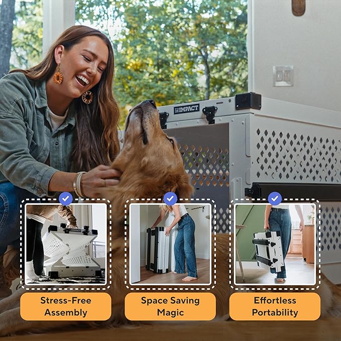 Impact Collapsible Dog Crate - Foldable Hard Crate for Extra Large Dogs - Heavy Duty Travel Kennel with Powder-Coated Aluminum - Quick Setup for Indoor & Outdoor (White, 40"+ (40.5" L x 27.5”W x 34" H