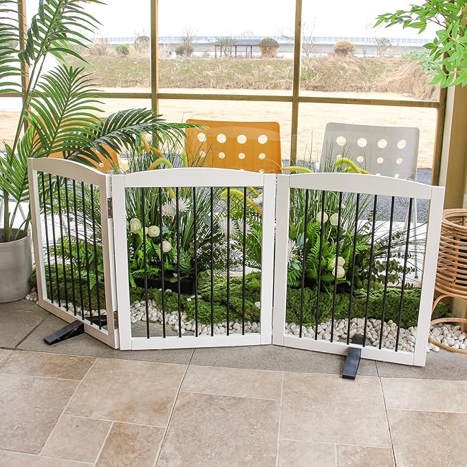 ZJSF Freestanding Panel Dog Gate for Indoor, Doorways,Stairs, or Hallways,Foldable Wooden White Pet Gates for House,Pet Gate for Dogs,Dog Fence, Puppy Gate,Support Feet Included,24 "Height-3 Panels