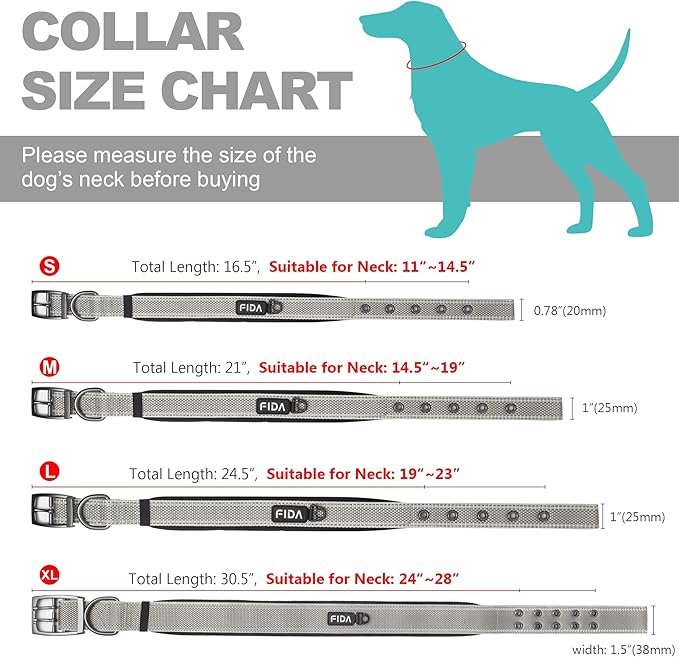 Fida Heavy Duty Dog Collar 1.5” Width, Ultra Soft Neoprene Padded, Adjustable Reflective Nylon Pet Collar with Two Metal Pin Belt Buckle for Large/X-Large Breeds (XL, Grey)