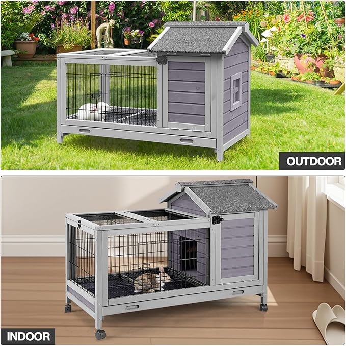 Wooden Rabbit Hutch Indoor and Outdoor, Rabbit Cage with Removable Wire Netting and Leak Proof Tray, Mobile Bunny Cage with Wheels