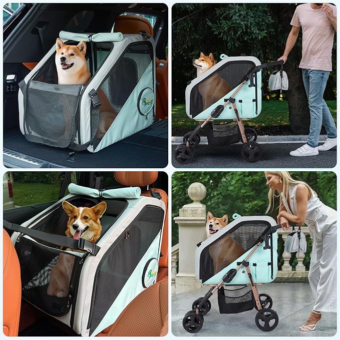Ownpets Pet Stroller with Upgraded 4 Wheels, Foldable Dog Stroller for Medium Dogs and Cats Up to 66lbs, Detachable Carrier for Car Seat, with Storage Organizer, Cup Holder